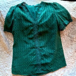 Woman’s Green Short Sleeve V-neck Blouse with Lace Arms